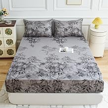 FANSU Microfibre Fitted Sheet, 3D Print Bed Sheet Elastic Bedspreads with 2 Pillowcases, Comfortable and Soft Bedcover Bedding Modern Style Bedspreads Grey Bamboo,180x200cm