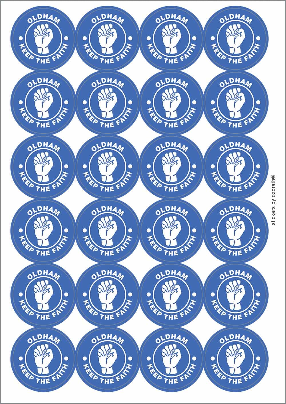 Oldham Keep The Faith Northern Soul Circular Matt Paper Stickers A4 Sheet of 24 (Each Sticker is 45mm Diameter)