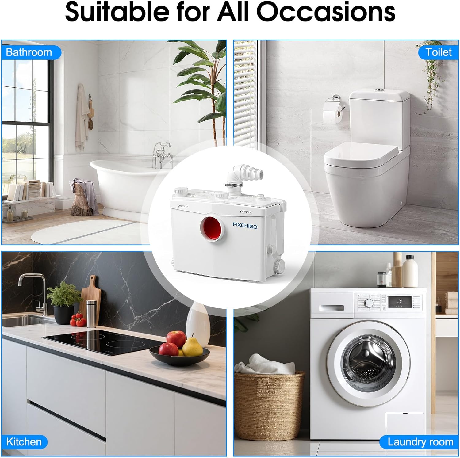 1000W Macerator Pump, Macerating Toilet System with 4 Inlets/2 Outlets, 40 GPM Flow, 29.5 FT Head, PCB Smart Control Sewage Pump for Basement, Sink, Toilet, Laundry, Kitchen
