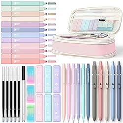 Four Candies 39 PCS Aesthetic School Supplies with Cute Pen Case, 12 Pastel Highlighters, 5 Black Ink Gel Pens, 6 Mechanical Pencils Set 0.5 & 0.7 mm for Students Stationary College Essentials (Pink)