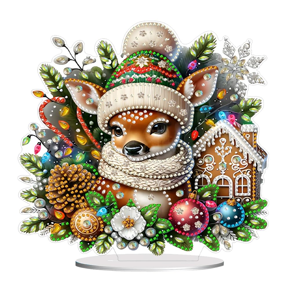 AMZGSHOP 5D Christmas Diamond Art Desk Ornaments, DIY Snowman & Reindeer Acrylic Tabletop Decoration, Single Sided Diamond Art Table Top Decorations for Holiday Gifts & Home Xmas Decor