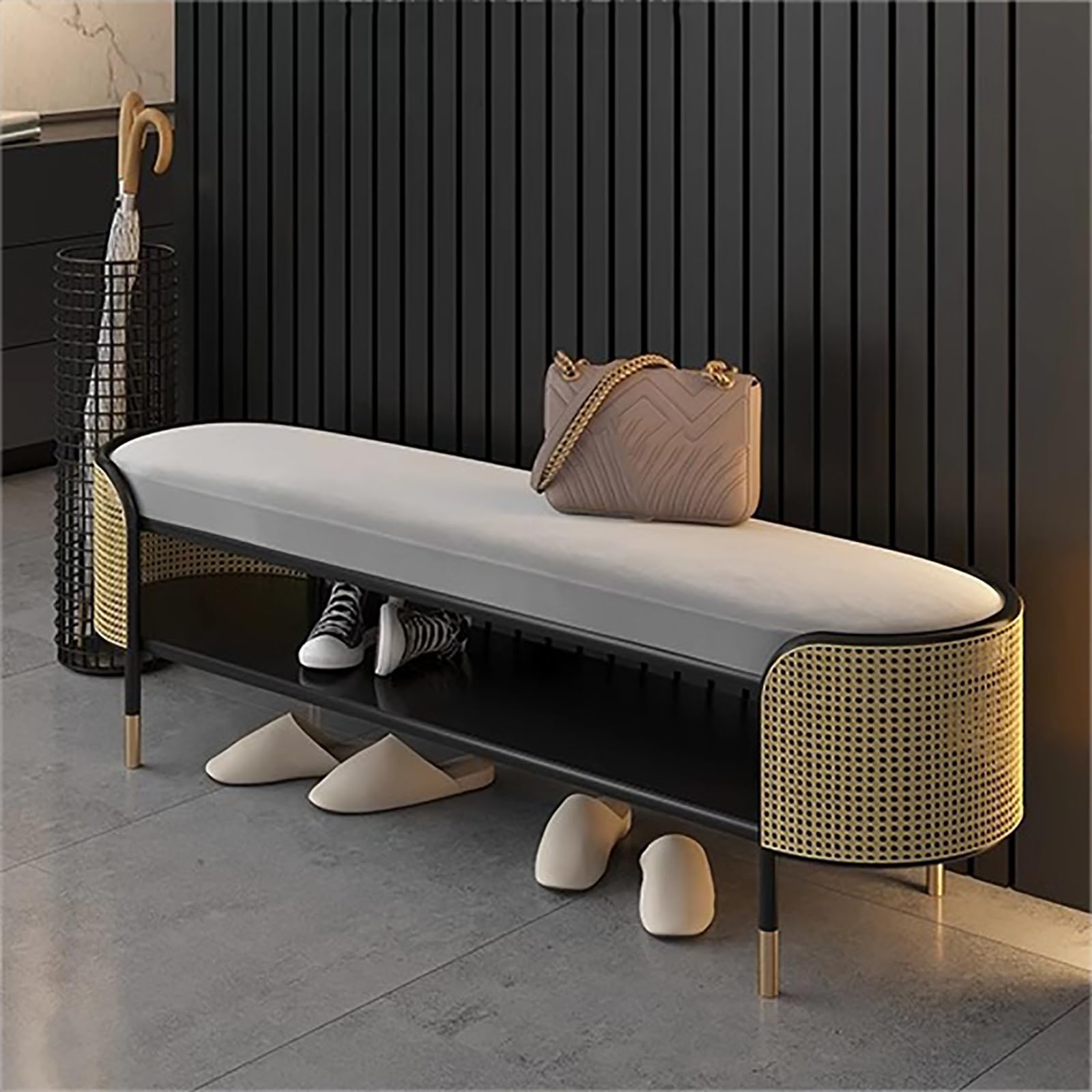 Banc d'entrée moderne gris avec étagère à chaussures en rotin et assise rembourrée 79cm
