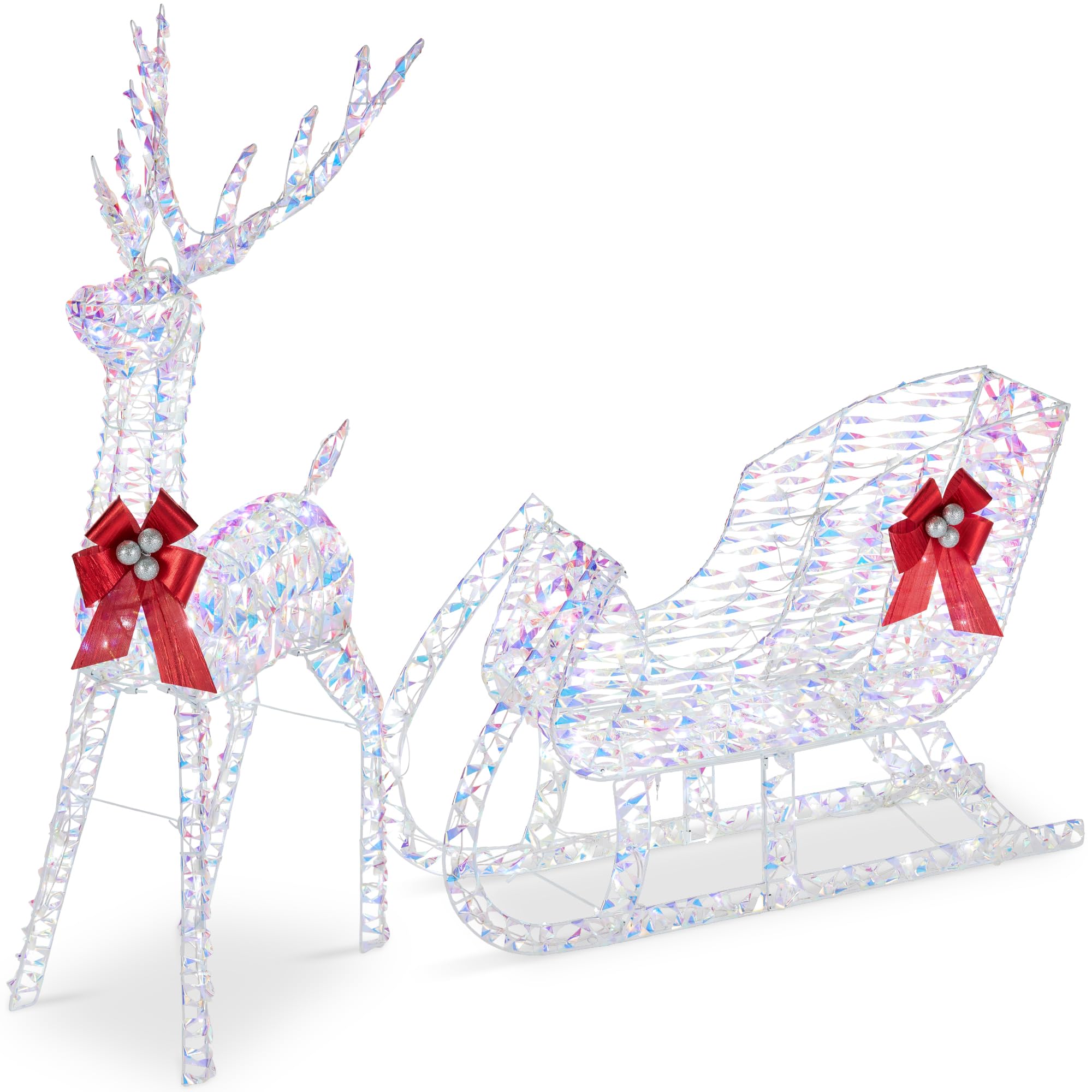 Best Choice ProductsLighted Christmas 4ft Reindeer & Sleigh Outdoor Yard Decoration Set w/ 205 LED Lights, Stakes, Zip Ties - Iridescent