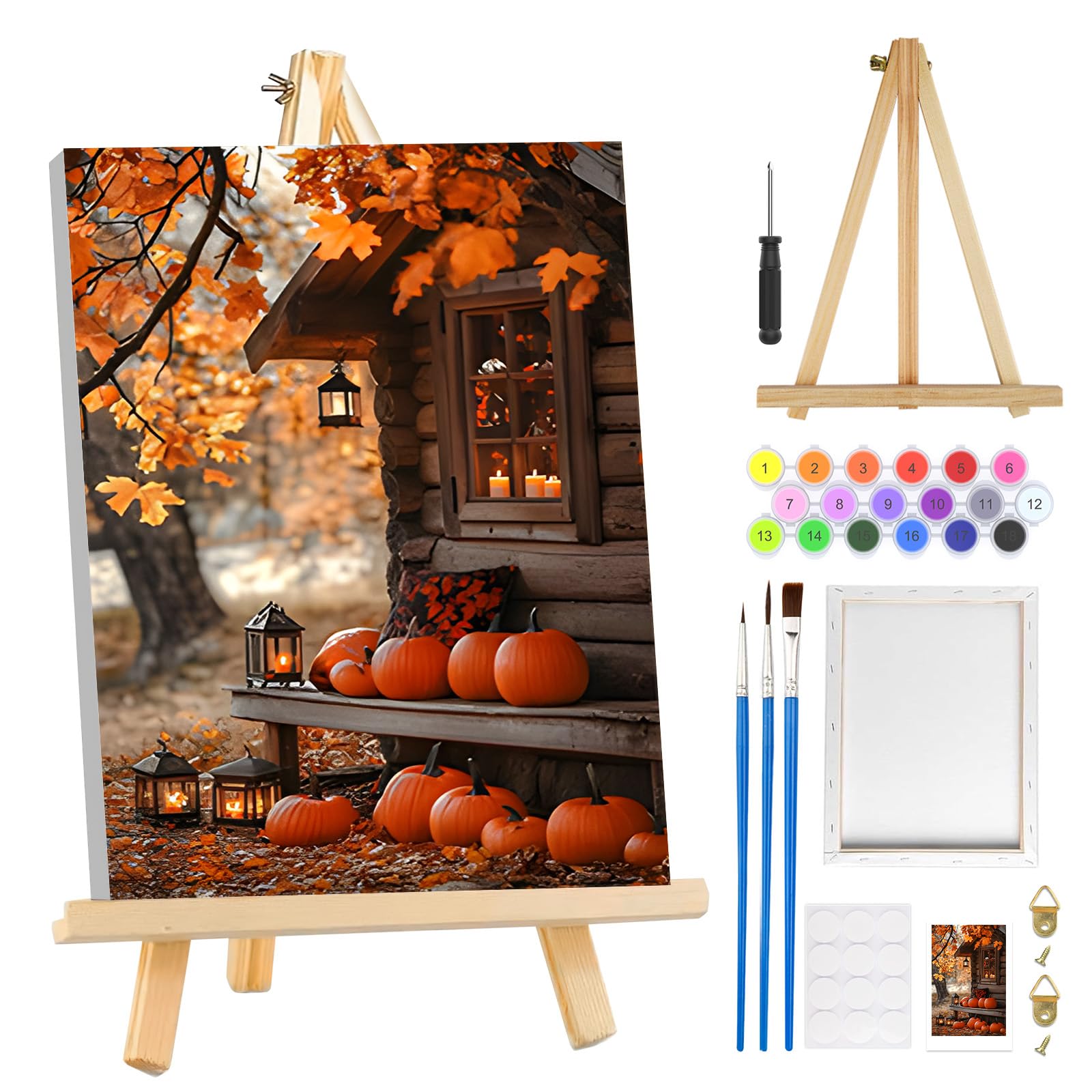 MOGTAA Autumn Pumpkin Paint by Numbers for Adults Beginners with Frame, Fall Painting by Numbers for Adults with Easel, Easy DIY Landscape Oil Painting Kits Art Crafts for Home Decor, 8x12in