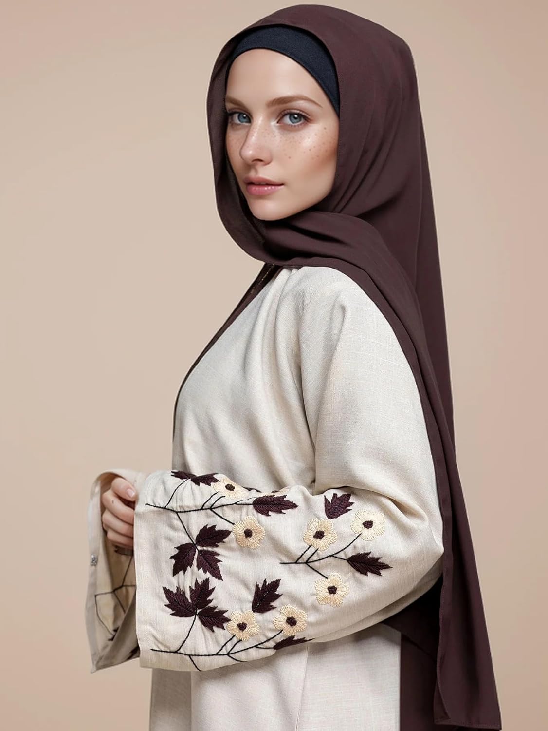 MedeShe Women's Floral Embroidery Abaya Muslim Modest Long Sleeve Open Kimono Cardigan Jalabiya One Size Beige image 3 of 8 B0FCQYHWLW