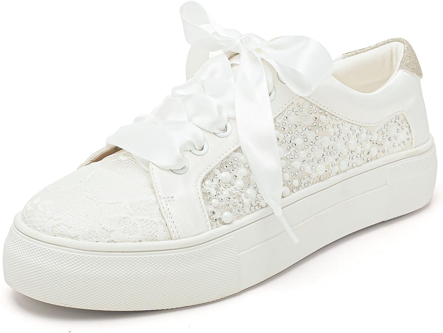 9993 Wedding Shoes Lace Bridal Sneakers 1.46" Platform Bride Tennis Shoes Sparkling Rhinestone Wedding Sneakers