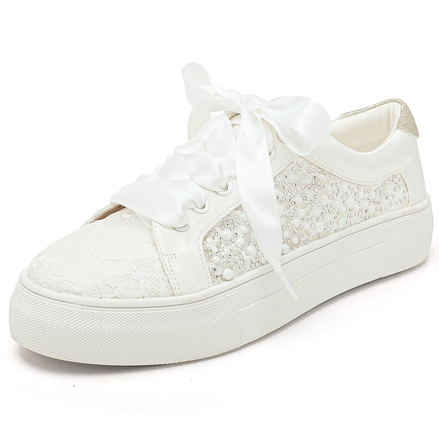 Elivandon 9993 Chaussures de Mariage Dentelle Sneakers de Mariée Plateforme 3,7cm Chaussures de Tennis Mariée Strass Étincelants Sneakers Nuptiales