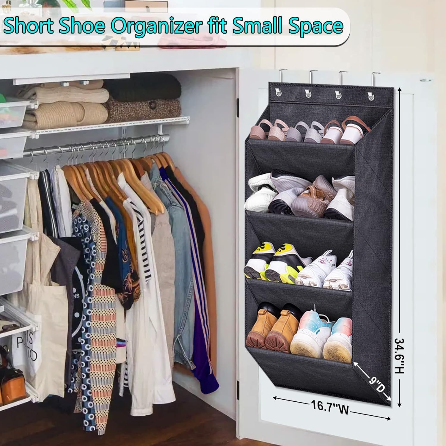 MISSLO Door Shoe Rack Hanging Shoe Storage Camping Heavy Duty Over Door Shoe Storage Organiser for Narrow Closet Shoes Organizer Wall Mounted (4 Shelf - Image 2