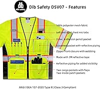 Vista 48 de Dib Safety - Chaleco reflectante amarillo de malla, chaleco de alta visibilidad con bolsillos y cremallera, clase 2 ANSI de alta resistencia, hecho