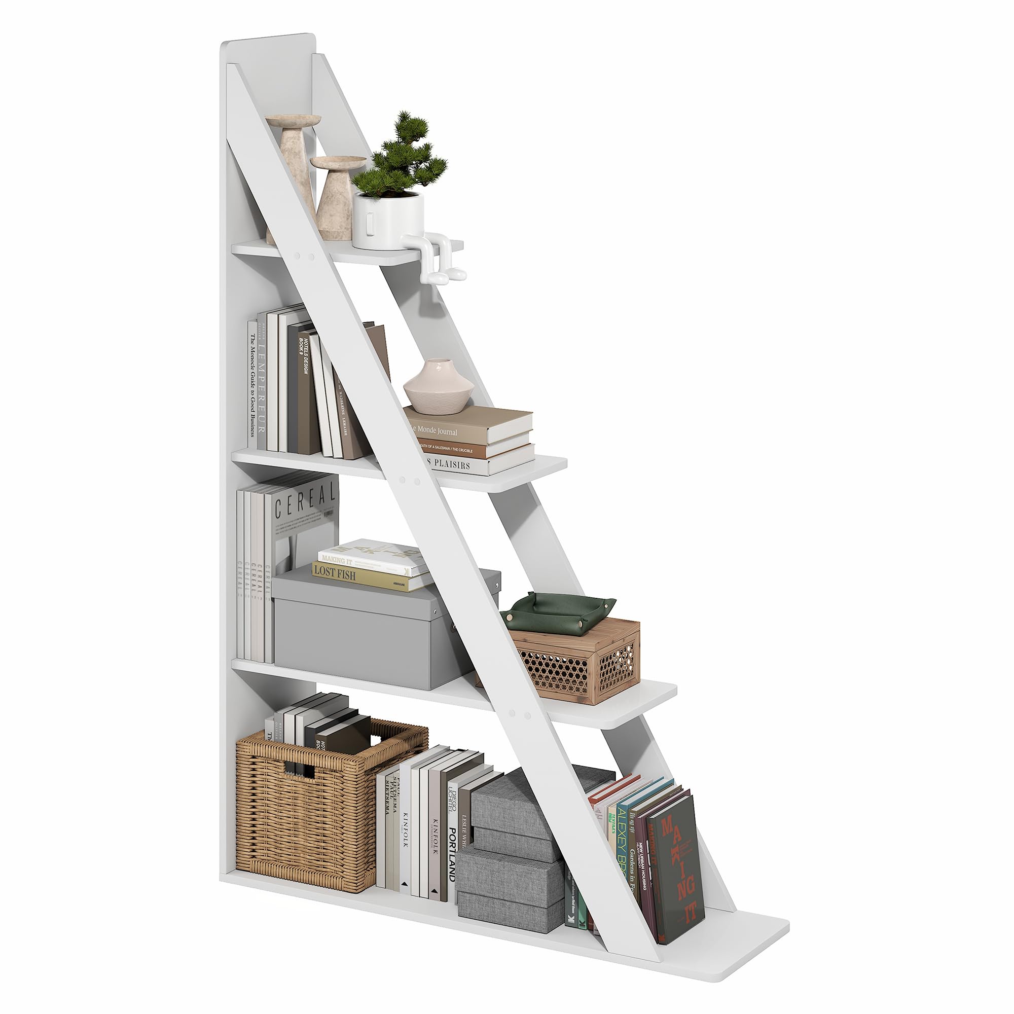 Furinno Ladder 4-Tier Ladder Bookshelf, Open Frame, White