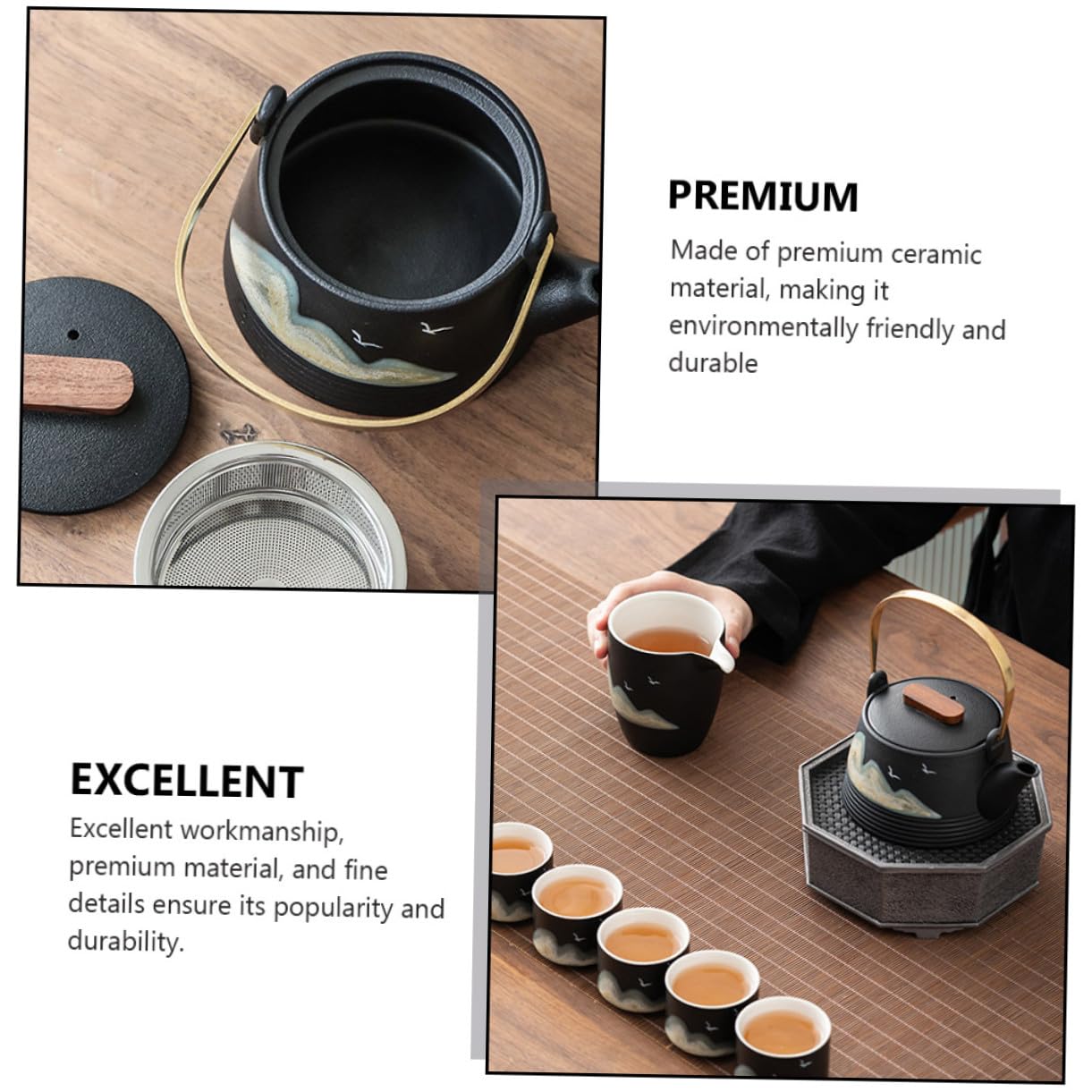BESTYASH Tetera Juego de Té Creativo de Cerámica Negra Pintada a Mano Mango Frío y Adorno Vintage Hogar y Salón de Té Profesional