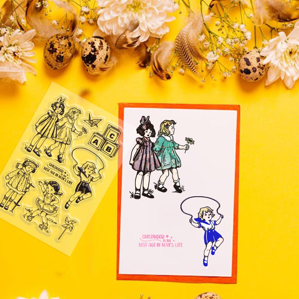 CRASPIRE SchoolClear Rubber Stamps Happy Childhood Retro Dress Lovely Woman Jump Rope Paper Airplanes Transparent Vintage Postmark Silicone Seals Stamp Journaling Card Making Diy Scrapbooking - Image 4