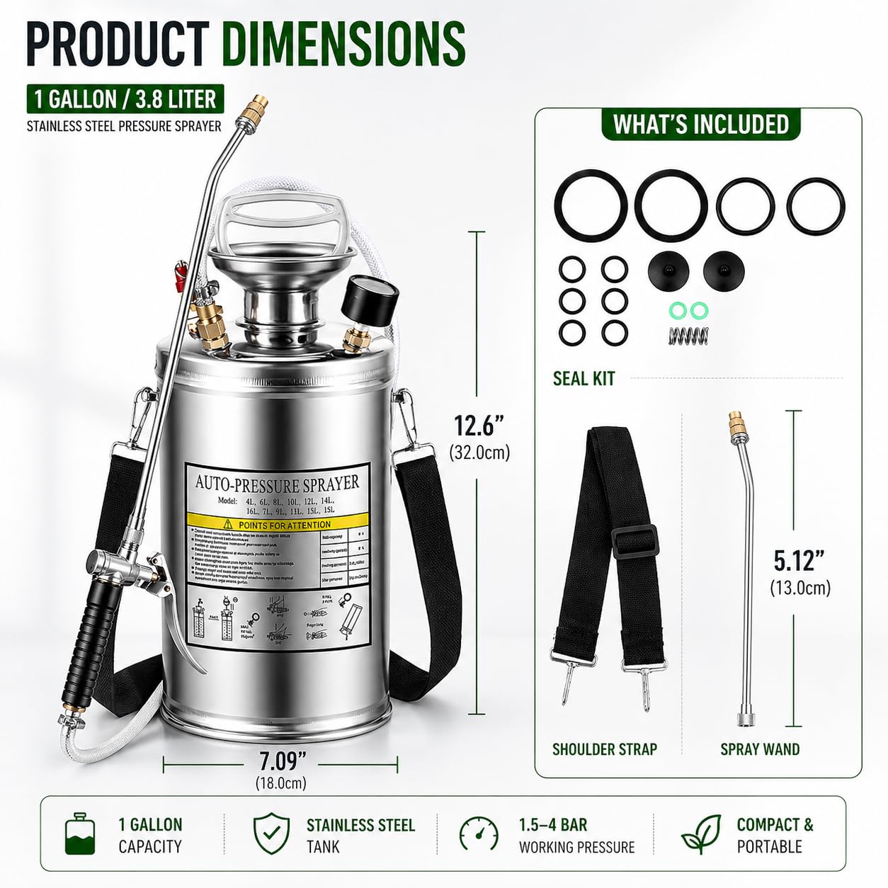 4L Edelstahl Drucksprüher mit Manometer & Sicherheitsventil, Profi Hand Pumpsprüher mit verstärktem Schlauch und Verstellbarer Messingdüse, Drucksprühgerät für Garten, Pflanzen