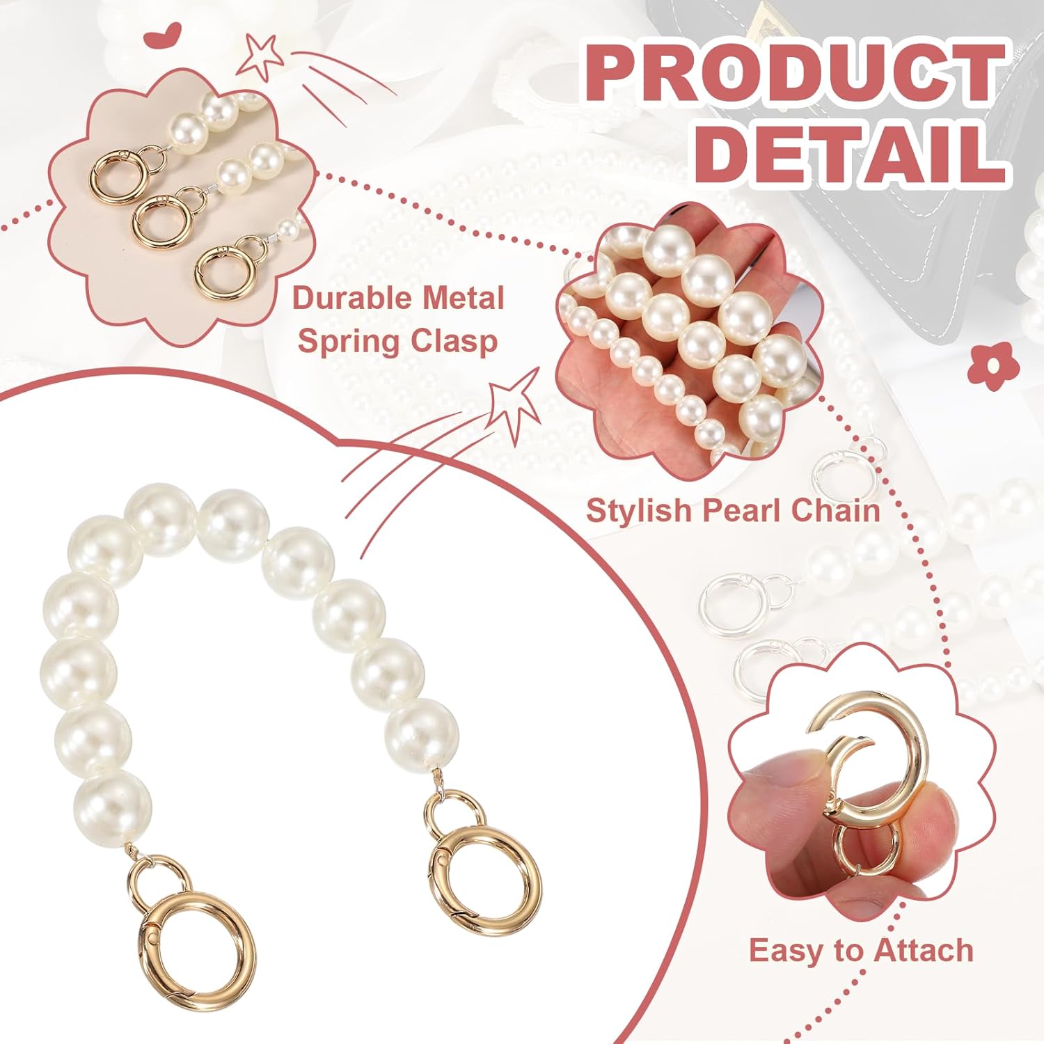 uxcell Imitation Pearl Purse Strap, 10" Bag Extender Chain with Spring Buckle Handbag Purse Chain Replacement Beaded Strap for DIY Handbag Hang Bag Accessories, 16mm Gold - Image 3