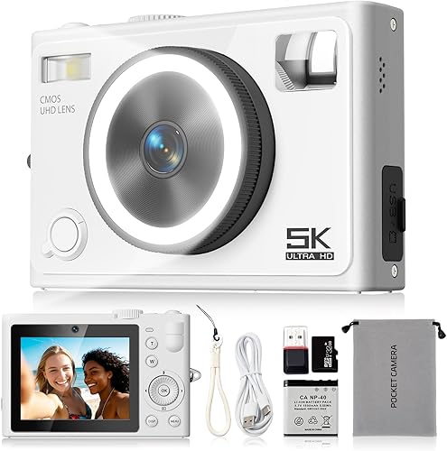 Cámara digital 5K – Cámara de belleza de 64MP con enfoque automático, luz de anillo de 360°, reconocimiento inteligente de piel, tarjeta SD de 32GB