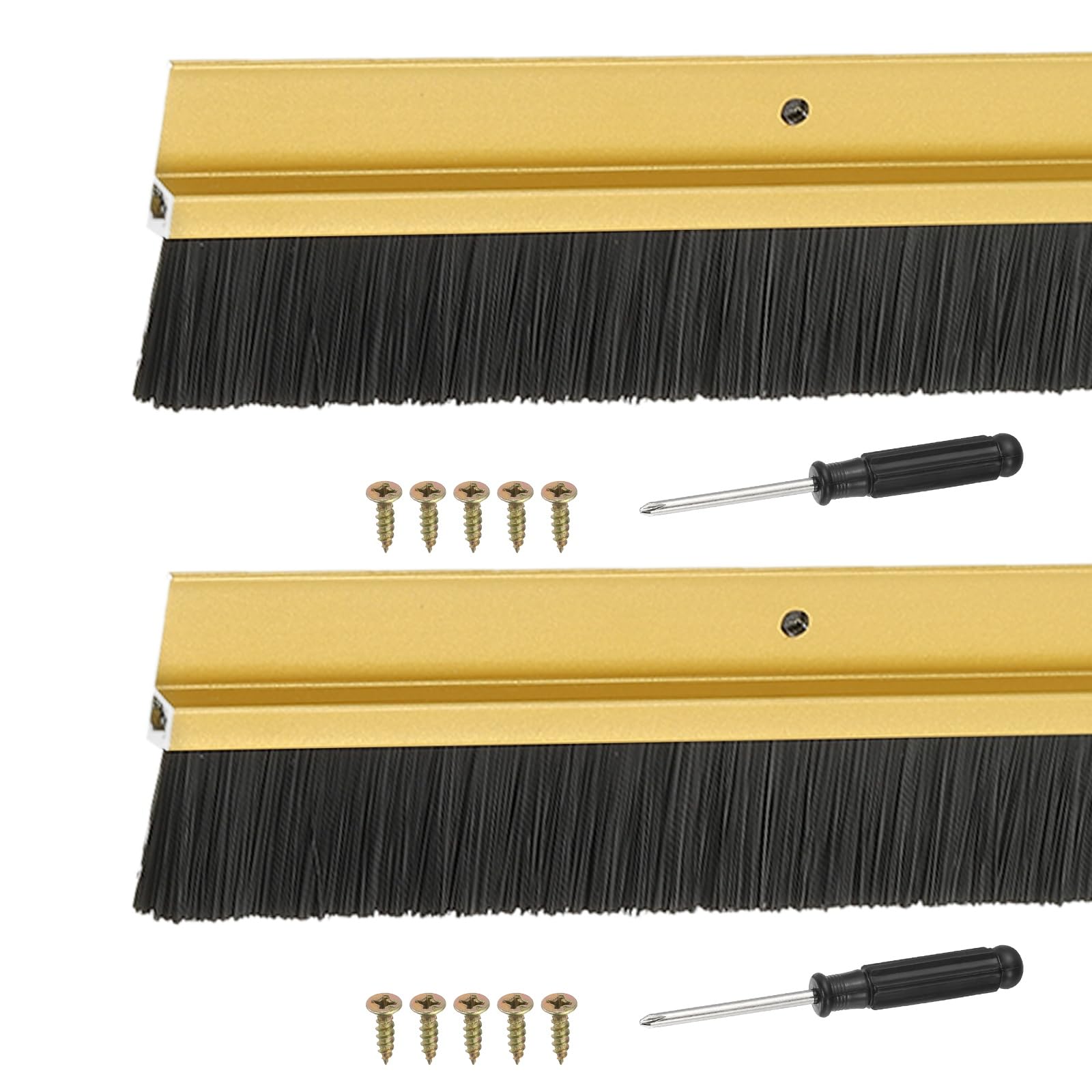 YELARXI Door Sweep Aluminum Alloy Brush Sweeps, 1.2 Inch Black PP Brush 39"L x 2.2"W Fit for Gaps of Door Bottom - H-Shape Holder (2 Pcs, Gold)