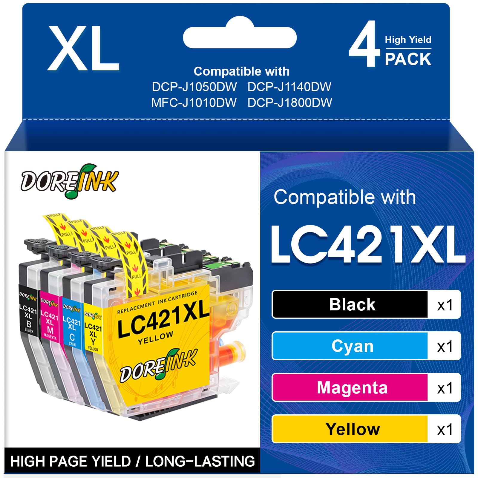 DOREINK LC421XL Patronen für Brother LC421 LC-421XLVAL Druckerpatronen Value Pack Kompatible mit Brother DCP-J1050DW DCP-J1140DW MFC-J1010DW (LC421XL Schwarz, Cyan, Magenta, Gelb)