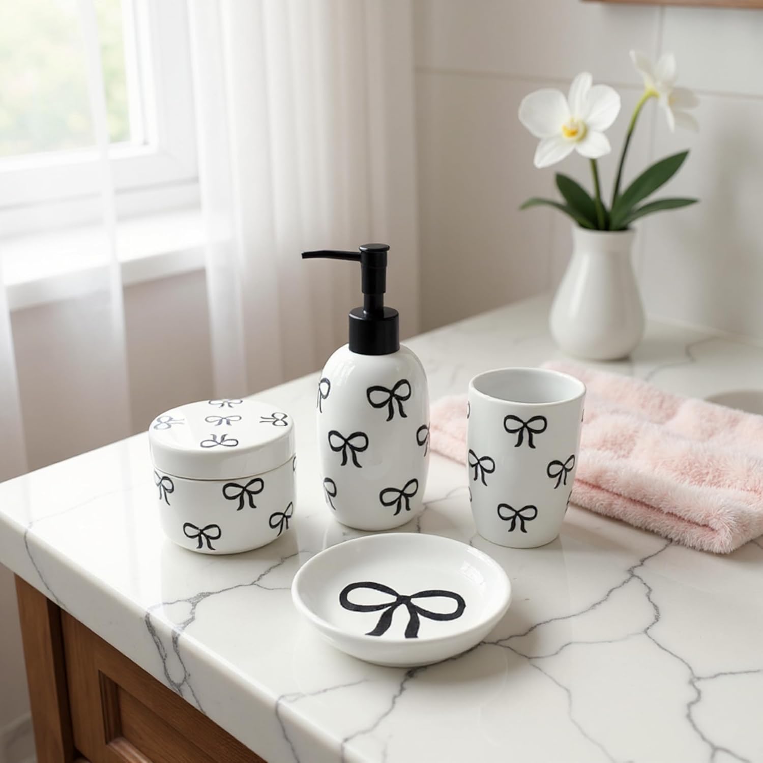 Pink Bathroom Set, 4 Pcs Ceramic Bathroom Accessory Sets - Soap Dispenser, Tumbler Toothbrush Holder, Vanity Soap Tray, Cotton Swab Jars - Pink Bathroom Decor Gift for Her (Black)