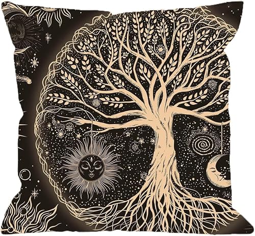 Image of ZFENGYYUAN Tree of Life Cushion Cover Sun Moon Star Black Gold Aesthetic Galaxy Nature Home Sofa Decoration Linen Throw Pillowcase 45x45cm With Invisible Zipper