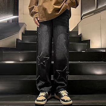00s y2k 鬼ヒゲ flare denim crush 黒 archive Y2K Baggy Jeans for Women Men Vintage Star Patchwork Graphic