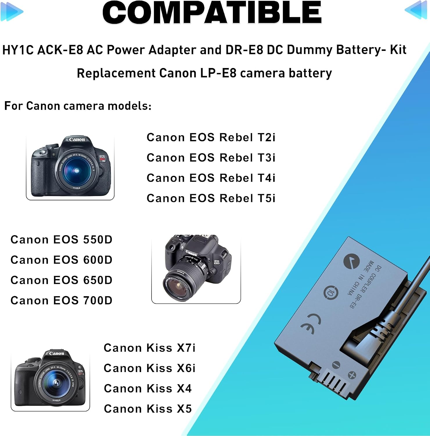 ACK-E8 AC Power Adapter DR-E8 DC Coupler Dummy Battery kit | For Canon EOS Rebel T2i T3i T4i T5i 550D 600D 650D 700D Kiss X7i X6i X4 X5 camera