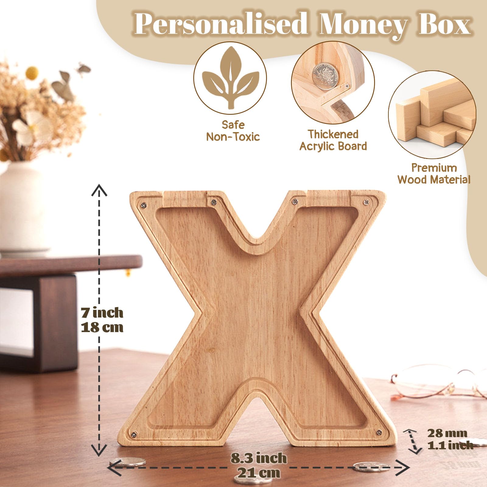 DONJIM Personalized Wooden Money Box, 7" Letter Piggy Bank, Clear Money Gift Box, Detachable Money Jar - Image 2