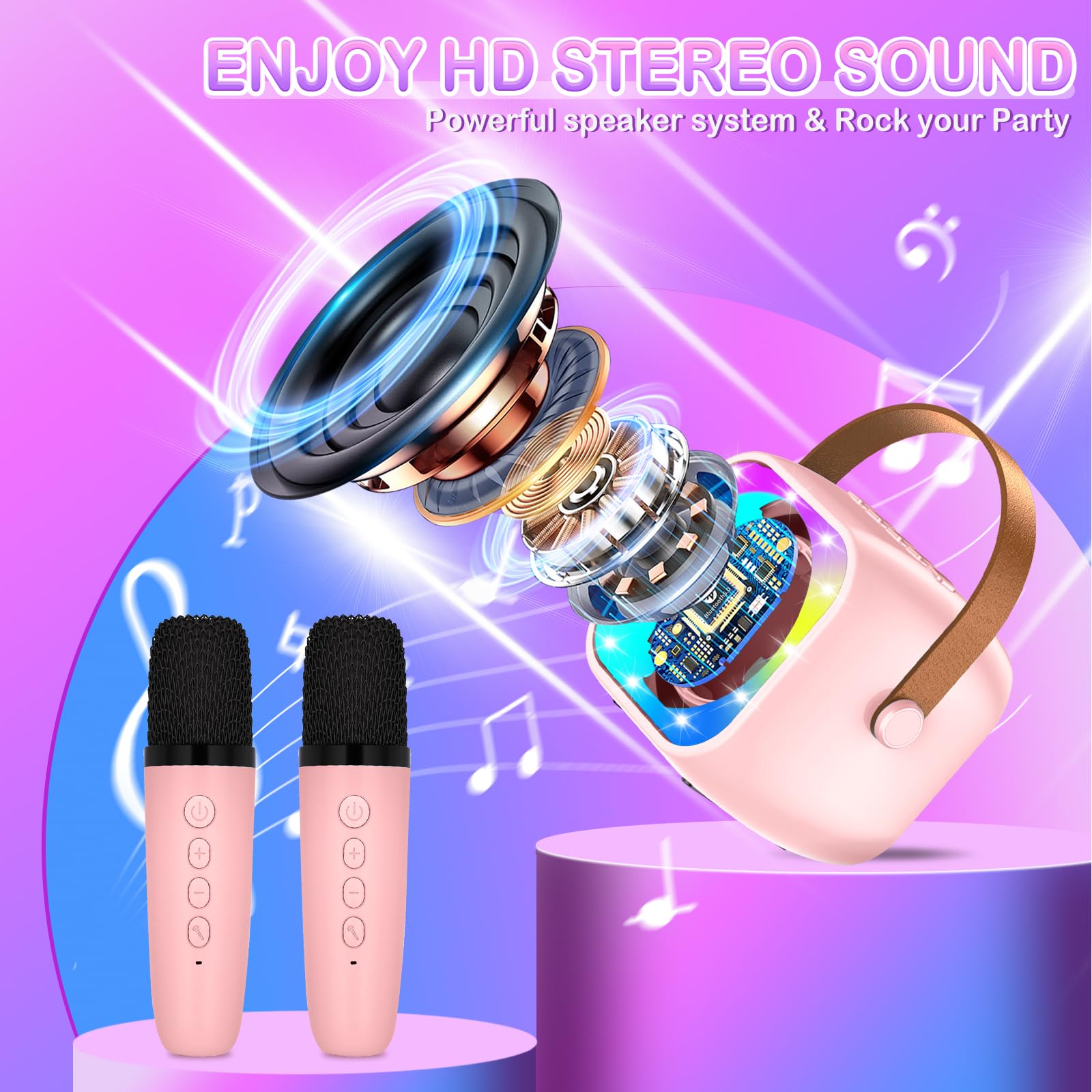 Karaoke per Bambini con 2 Microfoni, Microfono Bambini con Luce LED, Macchina Karaoke Portatile Microfono Wireless con Effetti di Cambio Voce, Giocattoli Elettronici Regali per Bambini da 3 a 18 anni