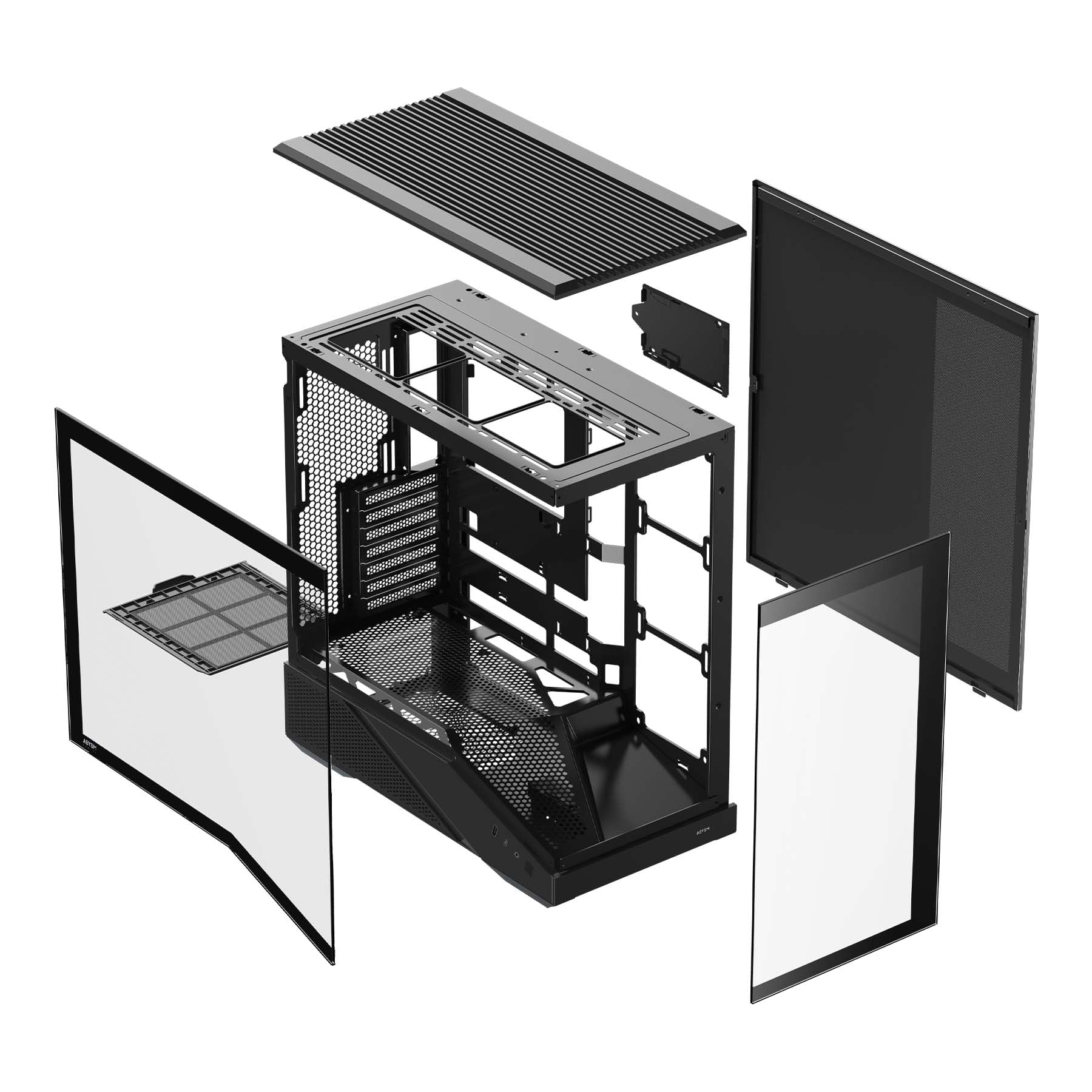 Abysm Gaming Arian Frame A400 – Torre ATX Gaming con telaio inclinato, 4 ventole ARGB PWM, vetro temperato, supporto GPU 420 mm, USB Type-C, raffreddamento liquido 360 mm – scatola PC Gamer nera