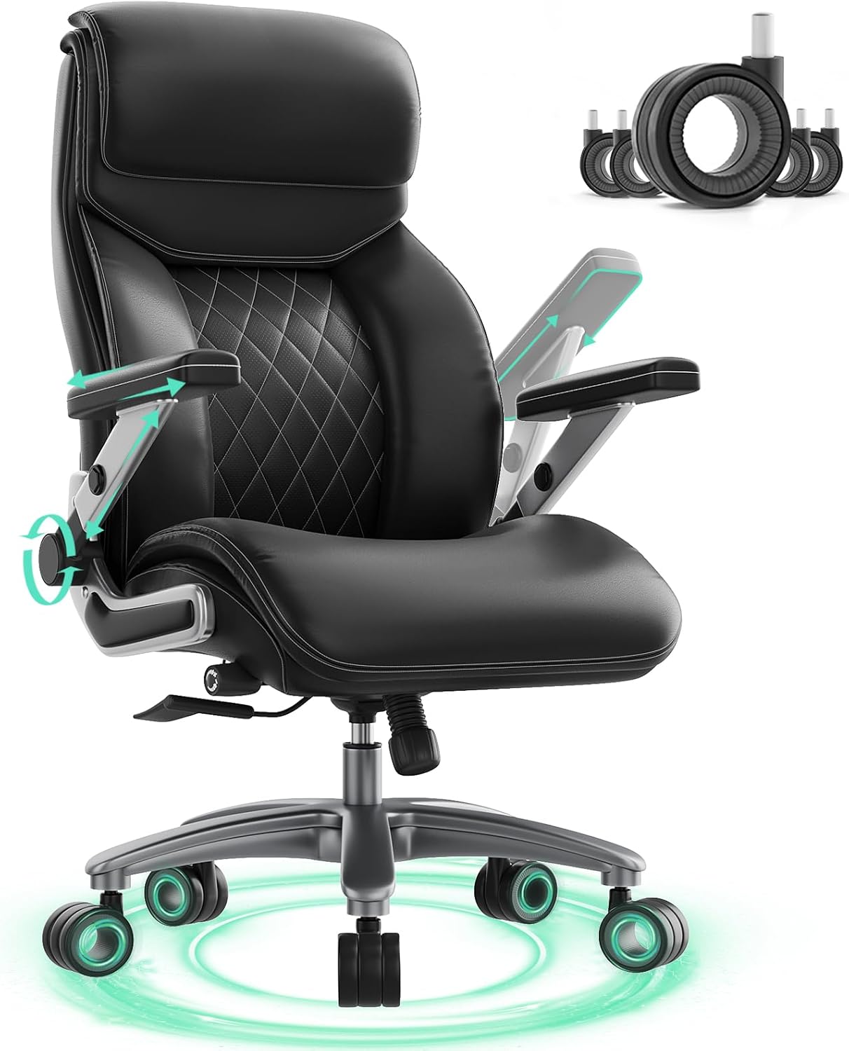 Big and Tall Office Chair with 5D Arms, 600lbs Heavy Duty Desk Chair with Adjustable Lumbar Support, PU Leather High Back Ergonomic Executive Computer Chair with 3'' Silent Casters