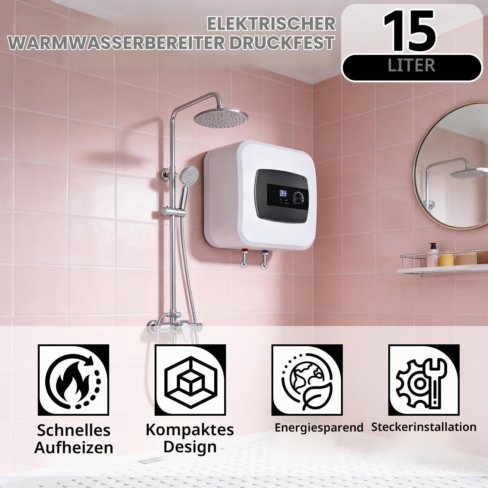 Elektrischer Warmwasserboiler 15 Liter, 1500W Warmwasserboiler