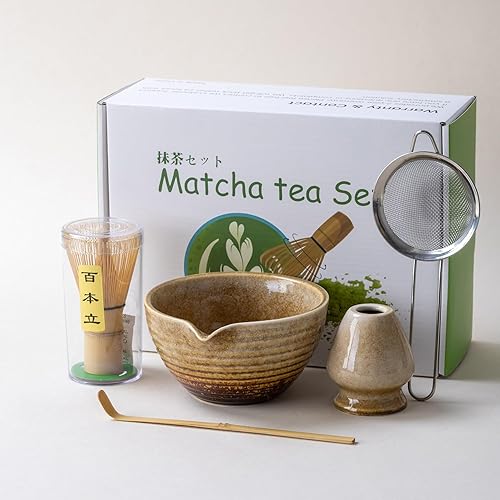 Miniatura 6 de Juego tradicional de ceremonia de té Matcha con cuenco de cerámica, batidor de bambú, soporte y colador, 5 piezas (amarillo)