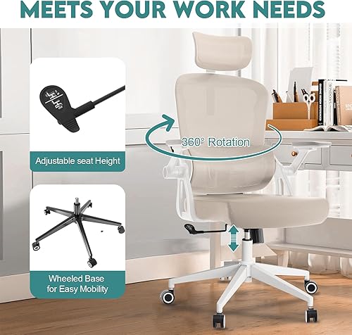 Miniatura 30 de Silla de oficina ergonómica, silla de escritorio ajustable de malla resistente con ruedas, reposabrazos y soporte lumbar, cómoda silla para oficina