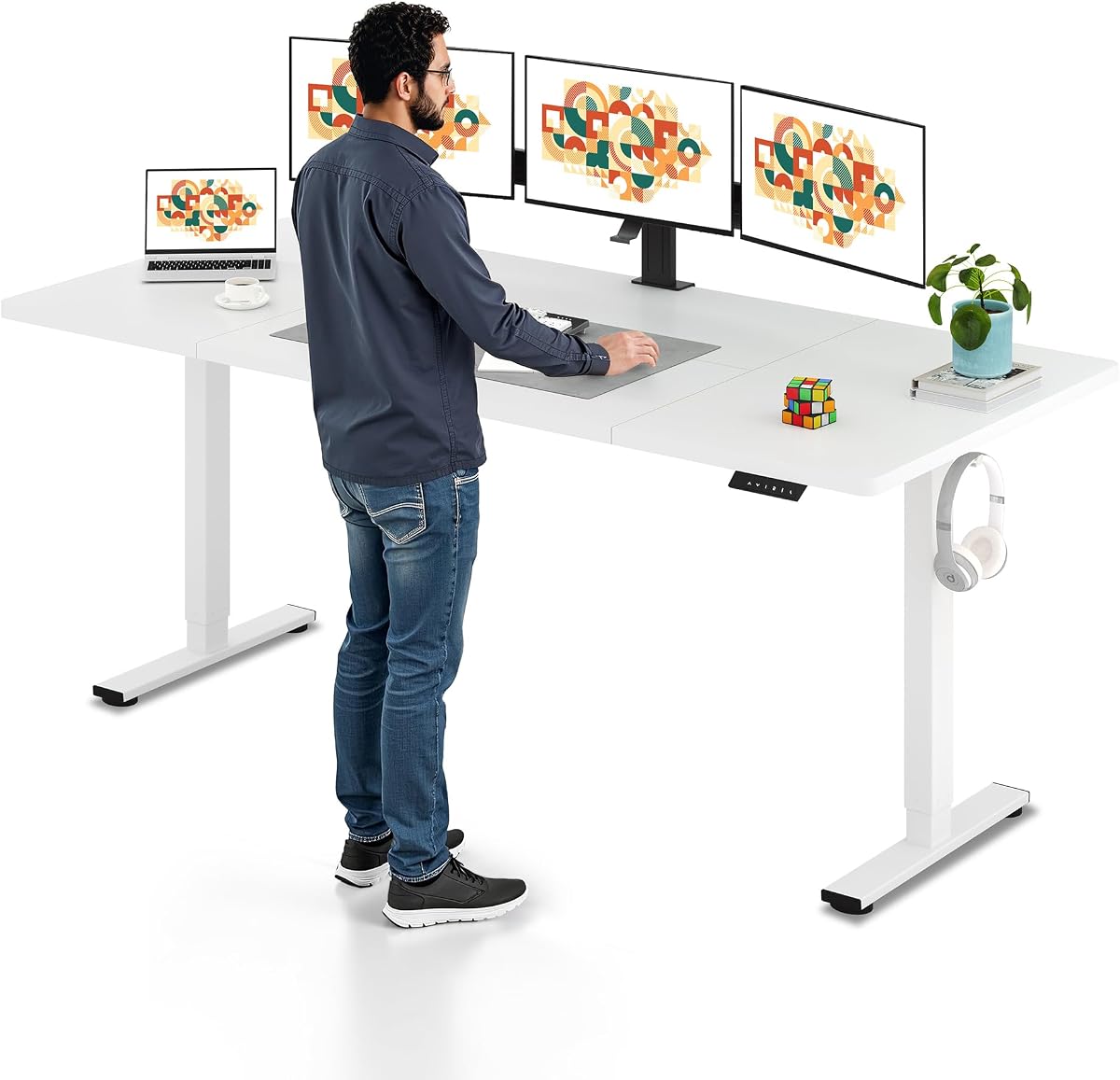 SANODESK 79x32'' Large Height Adjustable Ergonomic Electric Standing Desk | Stand Up Desk Home Office Computer Workstation Extra Large Sit Stand Desk with Splice Board, White Frame/White Top