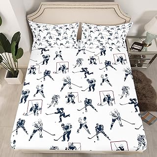 Ice Hockey Bed Sheet Set Full Kids Sports Event Bedding Set Hockey Player Fitted Sheet for Boys Bedroom Decor Soft Winter Sports Hockey Puck Bed Cover,Twin 1 Fitted Sheet+1 Pillowcaseï¼ˆNo Flat Sheetï¼‰