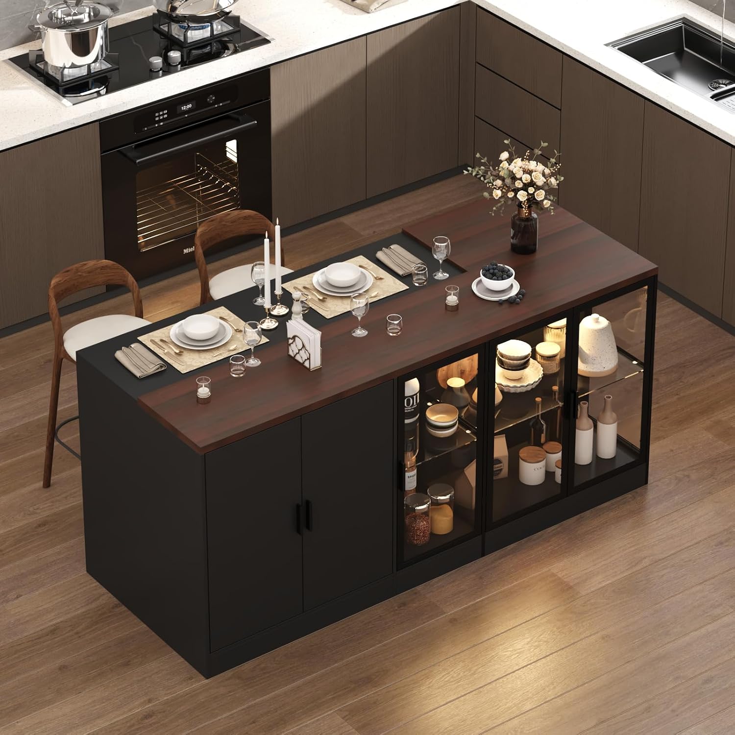FUFU&GAGA Large Stationary Kitchen Island with Glass Doors and Lights, 77.6” Kitchen Table Cabinet with 3 Drawers, Display Storage Cabinet with Glass Shelves, Black and Brown, 77.6”W x 30.3”D x 36.6”H