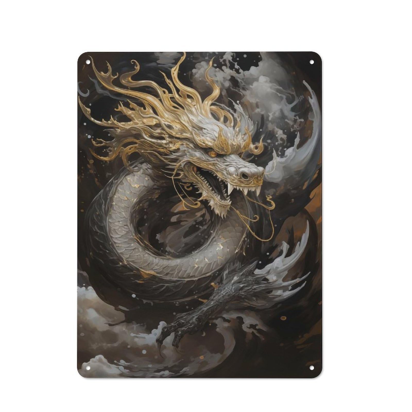 Junmoney Chinese Dragon Gold Ink Rustic Tin Wall Plaque 40X30cm For Bar Or Restaurant, For Vintage Wall Decor Fans, For Garage And Workshop Walls