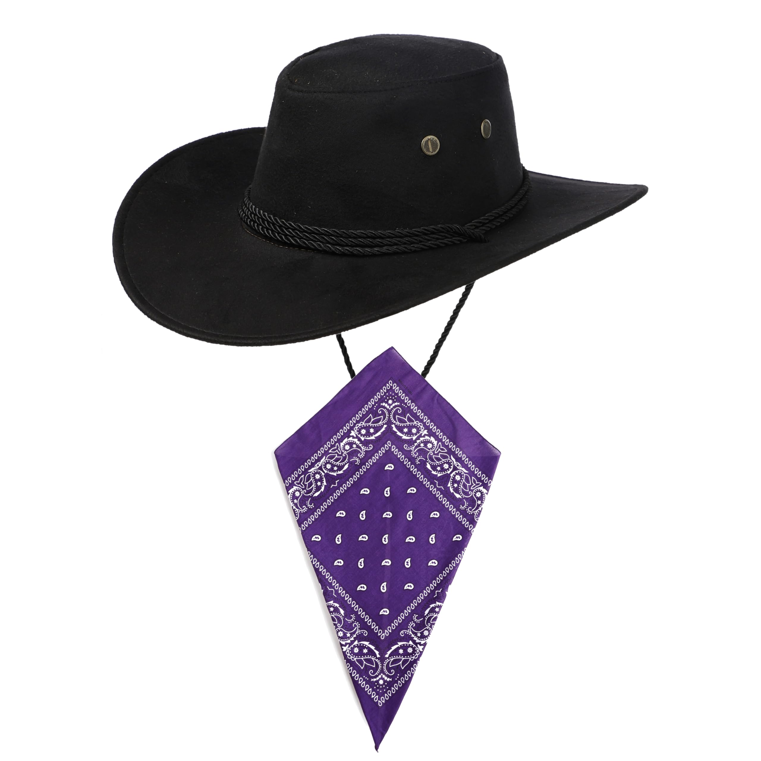 Black Cowboy Hat and Purple Bandana Western Sun Cap Faux Felt Leather Suede Fancy Dress Party Costume Outfit Neckscarf Sun Protection Mens Womens