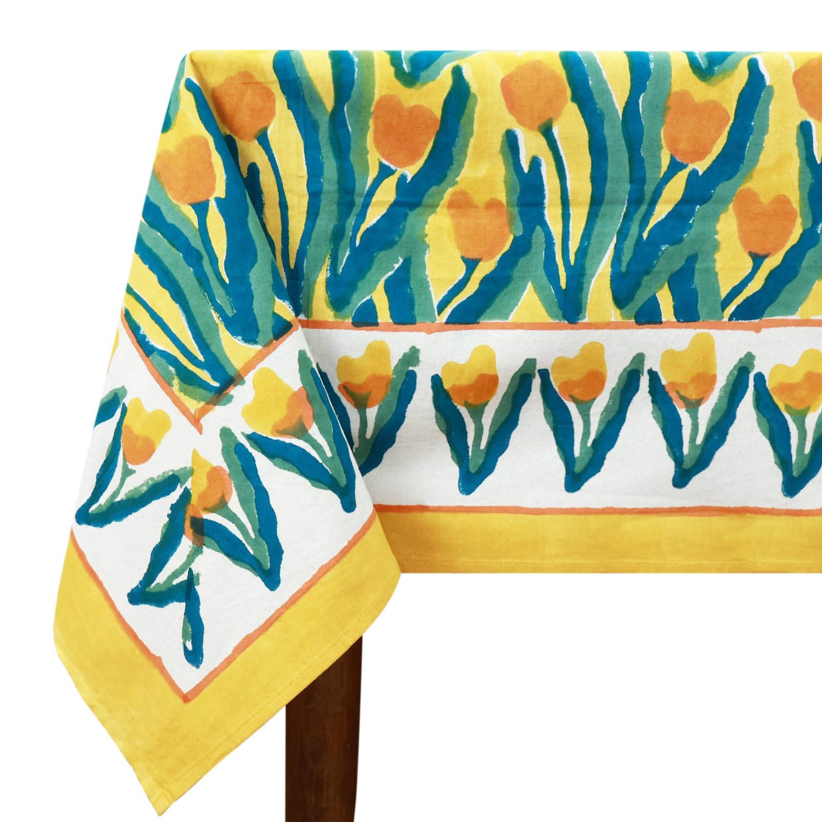 72x190 Inches Rectangle Hand Block Printed Cotton Tablecloth, Yellow Blue Floral Table Cloths Washable, Indian Table Linen For Valentine Thanksgiving Gifts Home Decor Dinning Outdoor — image 1