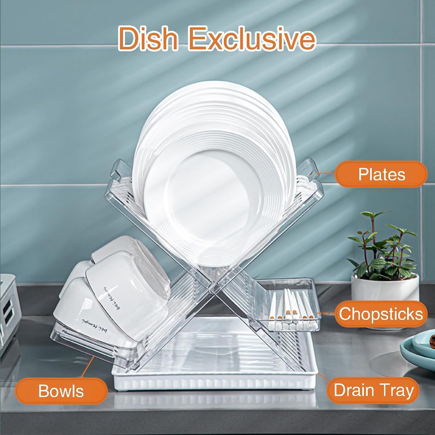 INTCHE Plastic Folding Dish Rack with Drip Tray, White Space Saving Kitchen Cutlery Drainer, Multipurpose Utensil Organizer Holder，for Countertop, Cabinet, Sink