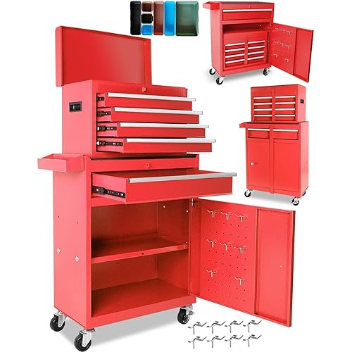 5-Drawer Rolling Tool Chest, 2-in-1 Steel Tool Storage Chest with Locking Wheels & Anti-Slip Trays, Detachable Toolbox, Adjustable Shelves for Garage,Workshop,Home, Red