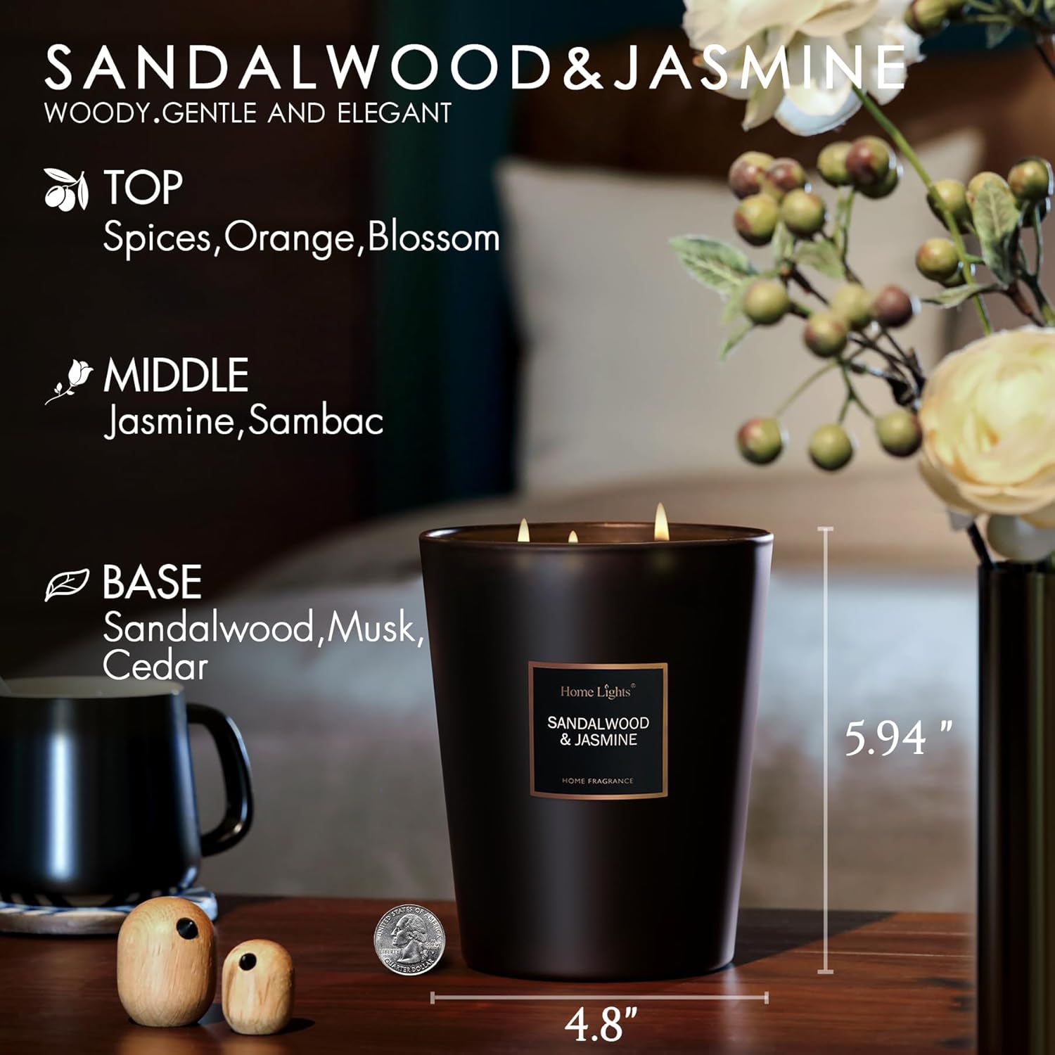Home Lights Luxury Designer Scented Large Jar Candle, 100% Nature Soy Wax, 33.26 oz，3 Wick， Highly Scented & Long Lasting-Sandalwood & Jasmine