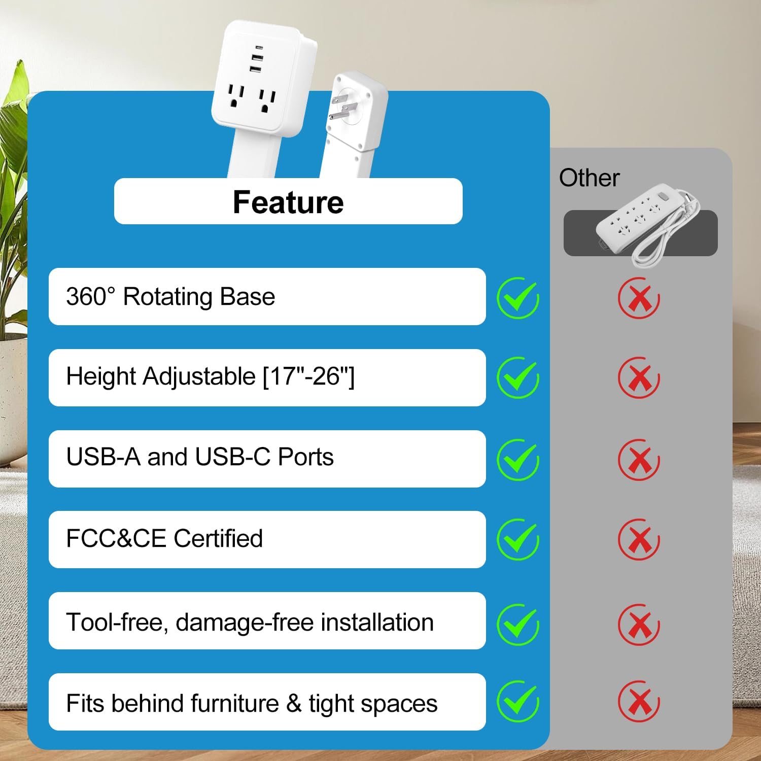 Outlet Electrical Outlet Extender. Access Hard-to-Reach Outlets! Features USB-A, USB-C, and 2 AC Outlets, Extends 17"-26", Rotates 360°. Use Behind Couches, Nightstands, Desks, and More
