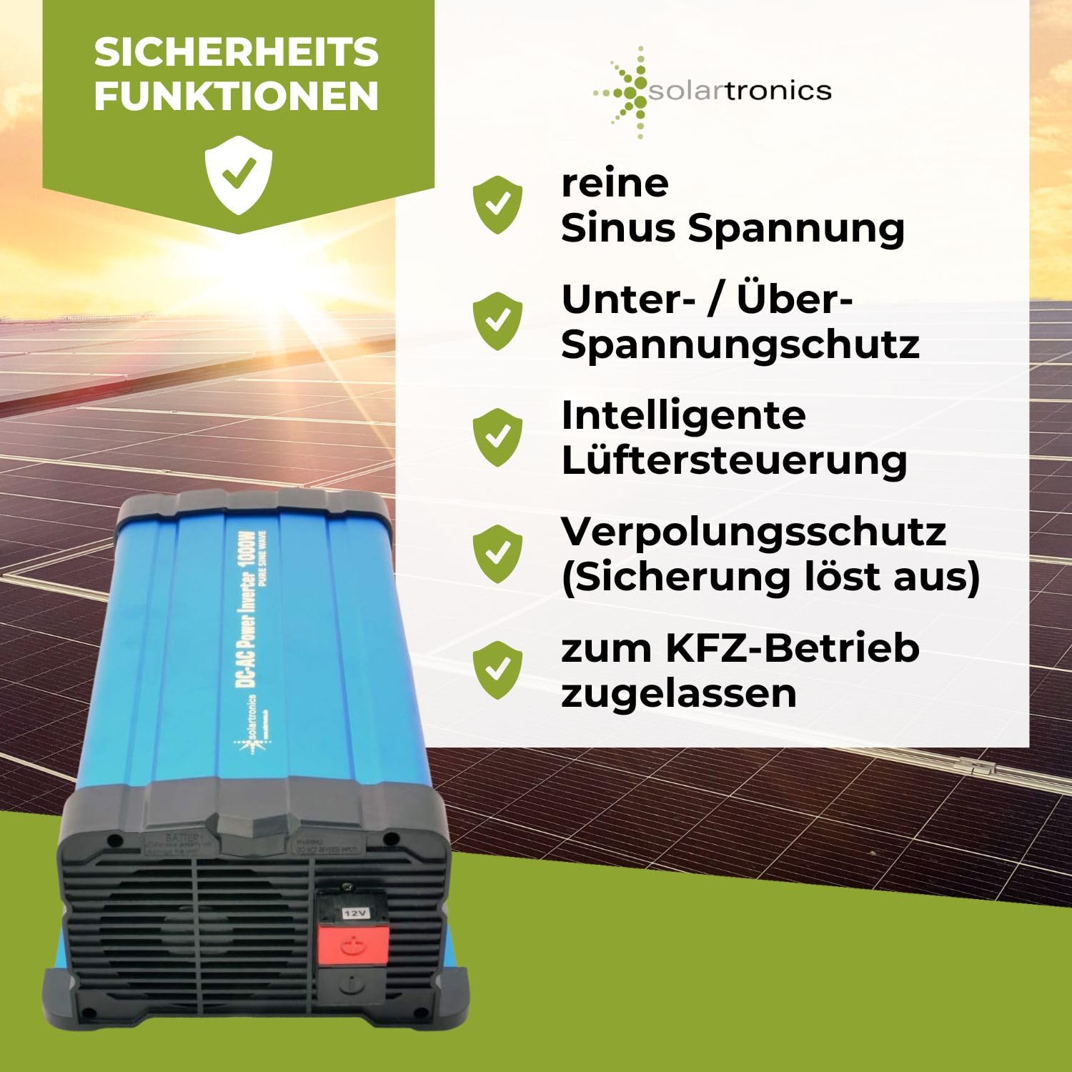solartronics Przetwornica napięcia FS1000D 12 V 1000/2000 W czysty sinus niebieski z wyświetlaczem z pilotem zdalnego sterowania kabel