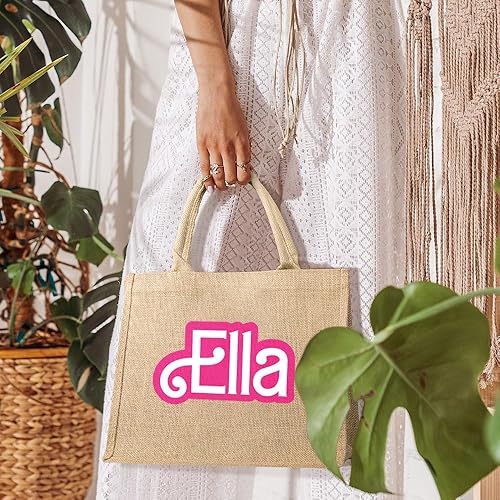 Miniatura 6 de callie Bolsa de mano personalizada para niñas y mujeres, reutilizable, para viajes, compras, playa, yute, rosa, con nombre, novia, dama de honor,