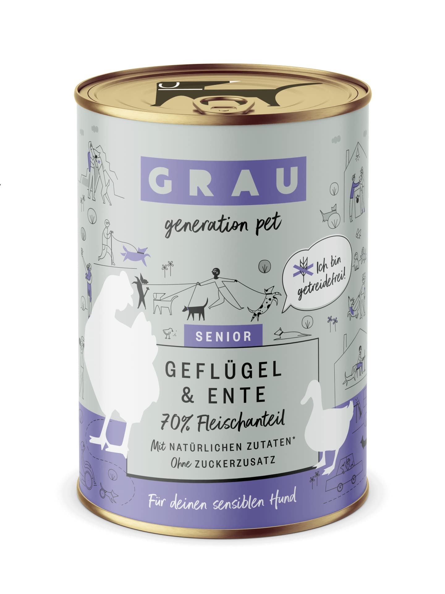 GRAU L’originale, Alimento umido per cani senior, pollame e anatra, senza cereali, per cani anziani sensibili, 6 confezioni da 400 g
