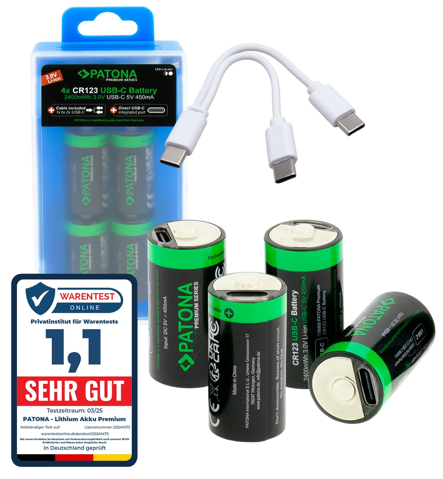 PATONA 8 x USB-C Premium CR123A, akumulator 2400 mWh 3,0 V, do ponownego ładowania, kabel do ładowania 1 na 2 USB C – długa żywotność ponad 1000 cykli ładowania do aparatów, pilotów, latarek