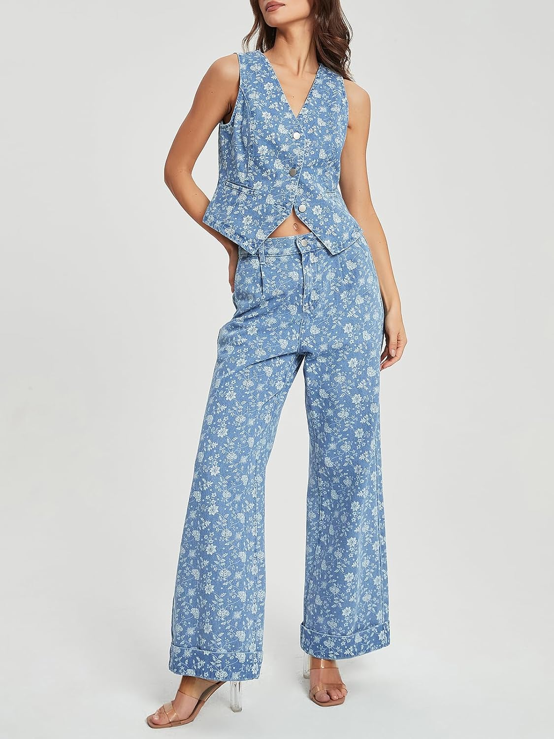 SCOFEEL 2 Piece Denim Set for Women Button Sleeveless Y2k Floral Denim Vest Waistcoat Wide Leg Jeans Two Piece Outfit Suits