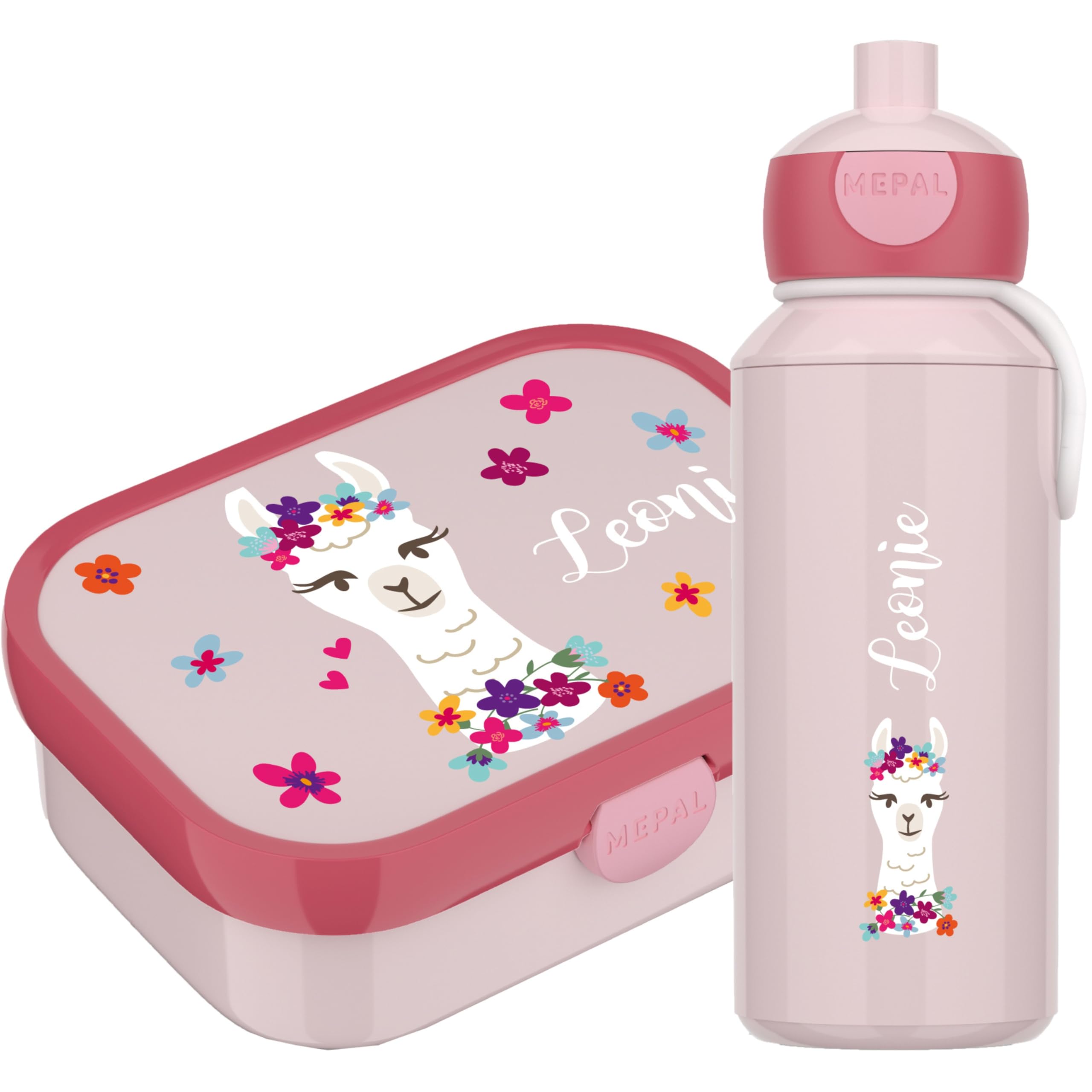 4youDesign Mepal Bento Box und Trinkflasche Set personalisiert Lama Alpaka – Geschenk für Kinder Weihnachten, Nikolaus, Geburtstag - Auslaufsicher – Brotdose 750ml, 400ml Flasche (Cool Pink)
