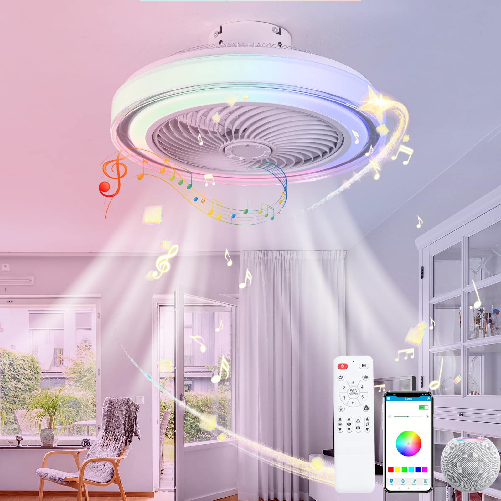 Luyaim Inteligente Niños RGB Moderna Lámpara Ventilador Techo Motor DC 6 Velocidades Reversible Alexa Altavoz Musical Bluetooth Ventilador De Techo con Luz Y Mando A Distancia para Dormitorio Salon
