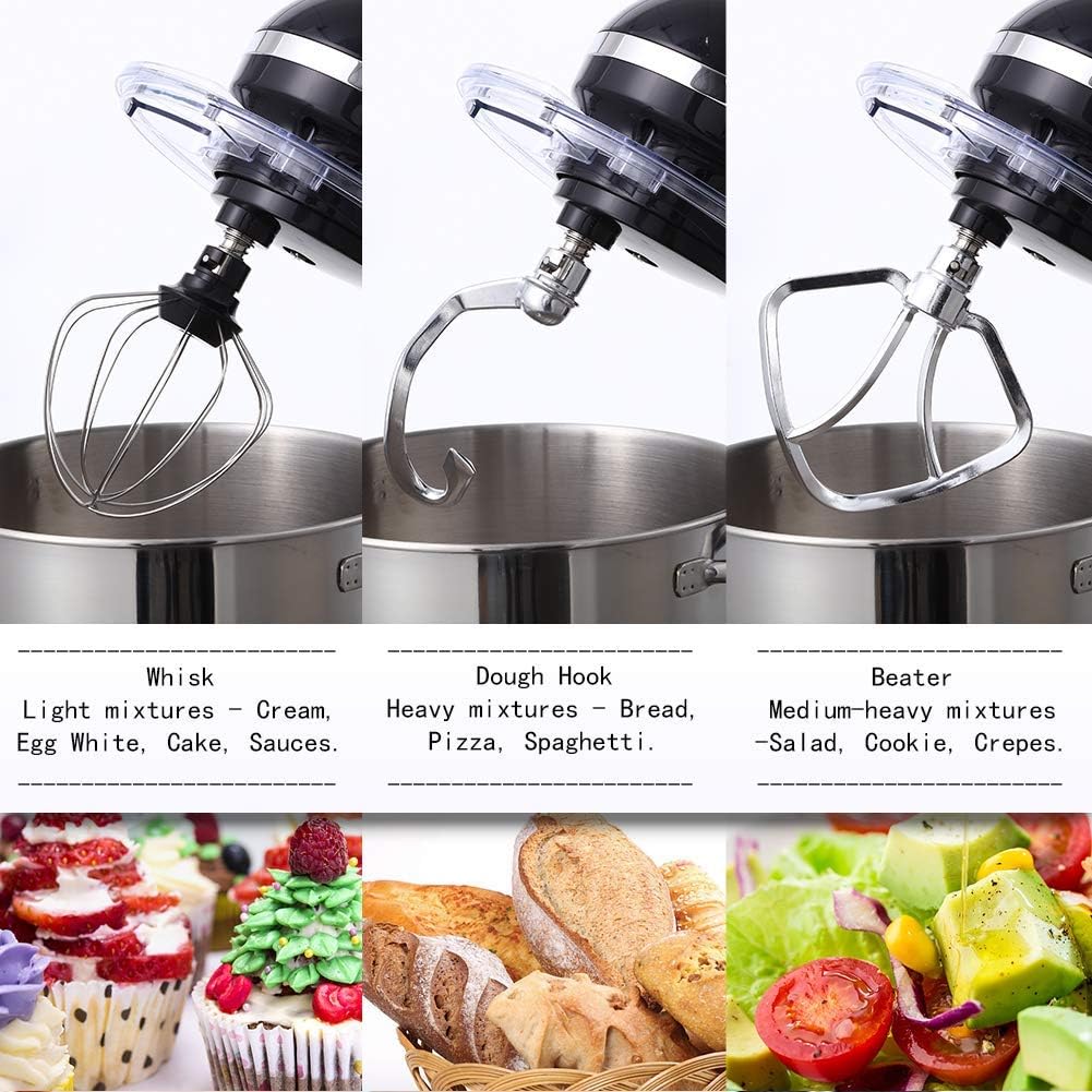 Three mixer attachments: whisk for light mixtures (cream, egg white, cake, sauces), dough hook for heavy mixtures (bread, pizza, spaghetti), and beater for medium-heavy mixtures (salad, cookie, crepes).